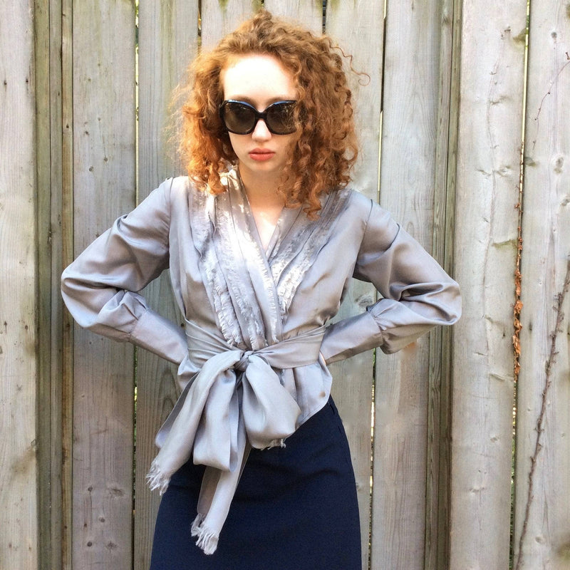 2000s "Andy Thê-Anh" Designer Pearl Grey Silk Wrap Blouse size Small/Medium, sold by bohemevintage.com Montreal