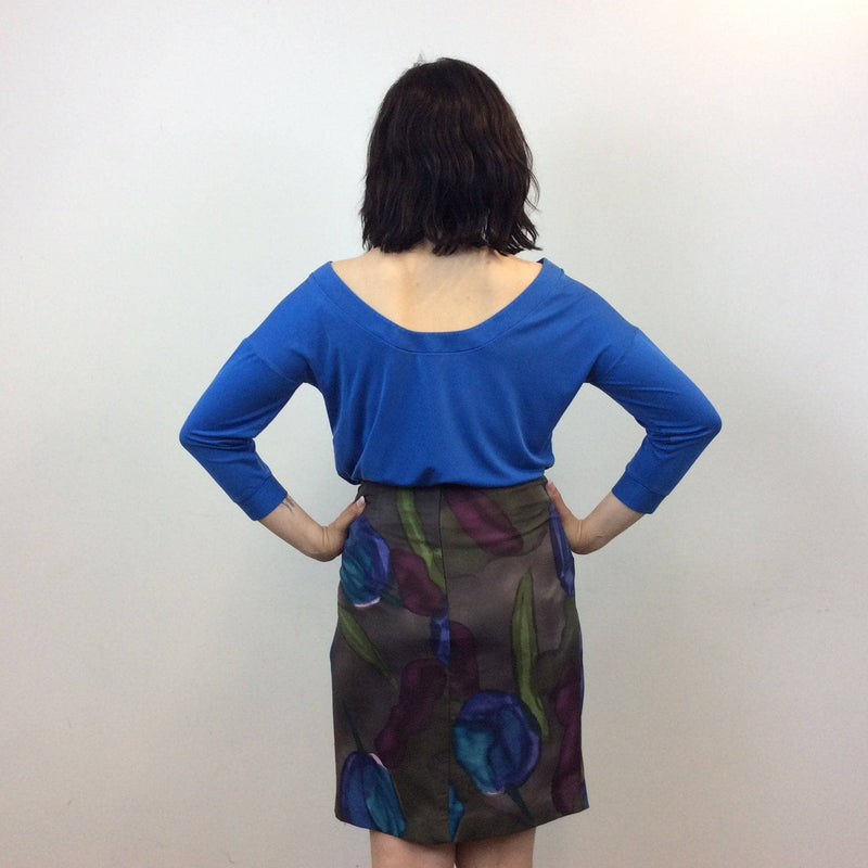 Back View of 2000s KENZO Designer Draped Floral Print Silk Skirt size Medium, sold by bohemevintage.com Montreal