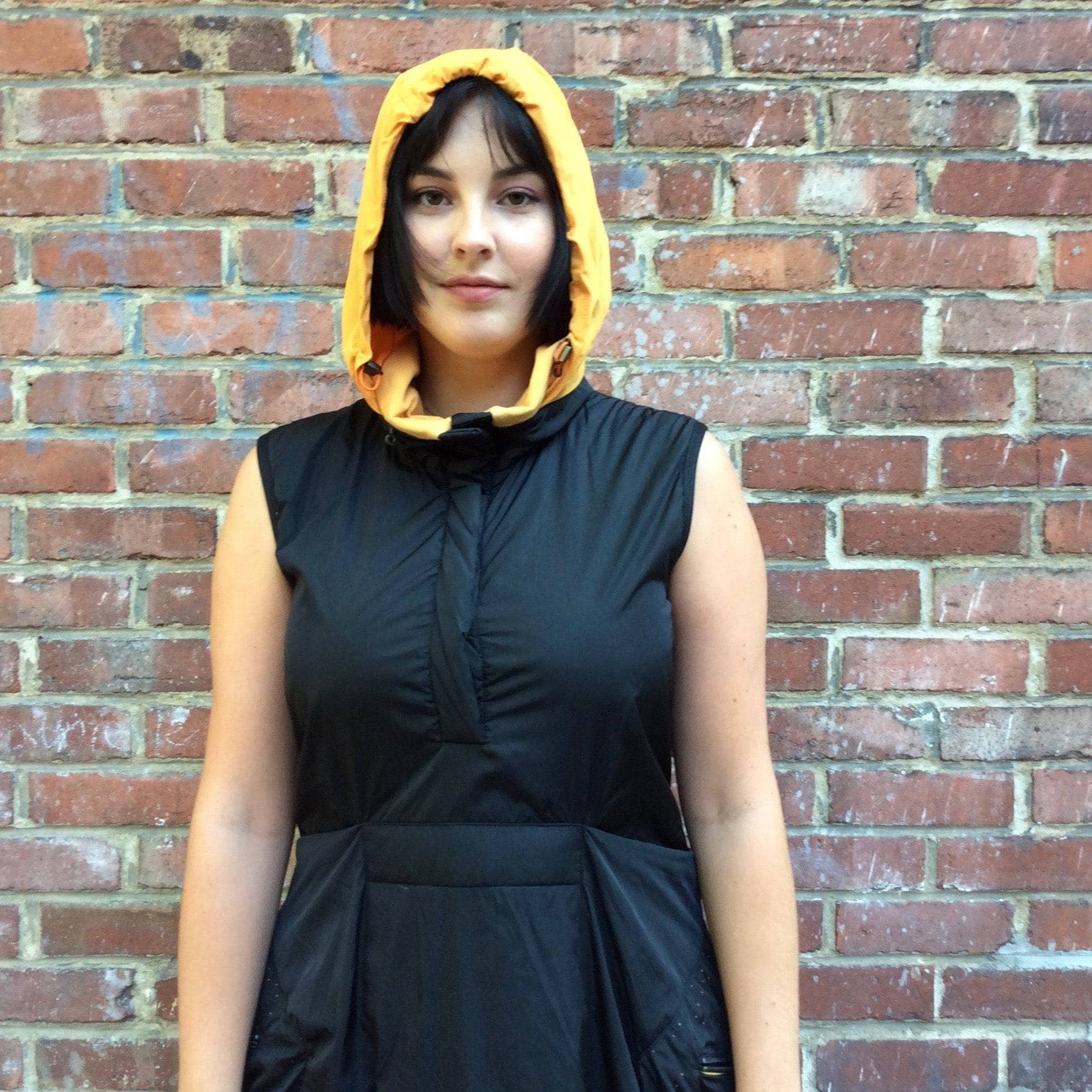 Upper View of 2000s "Marithé François Girbaud" Mid-Length Quilted Black Dress size Medium, sold by bohemevintage.com Montreal