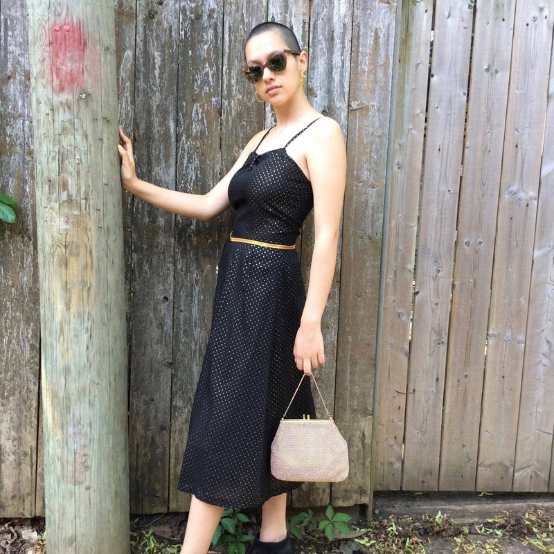 90s Metallic Gold-dotted Midi Dress sold by bohemevintage.com
