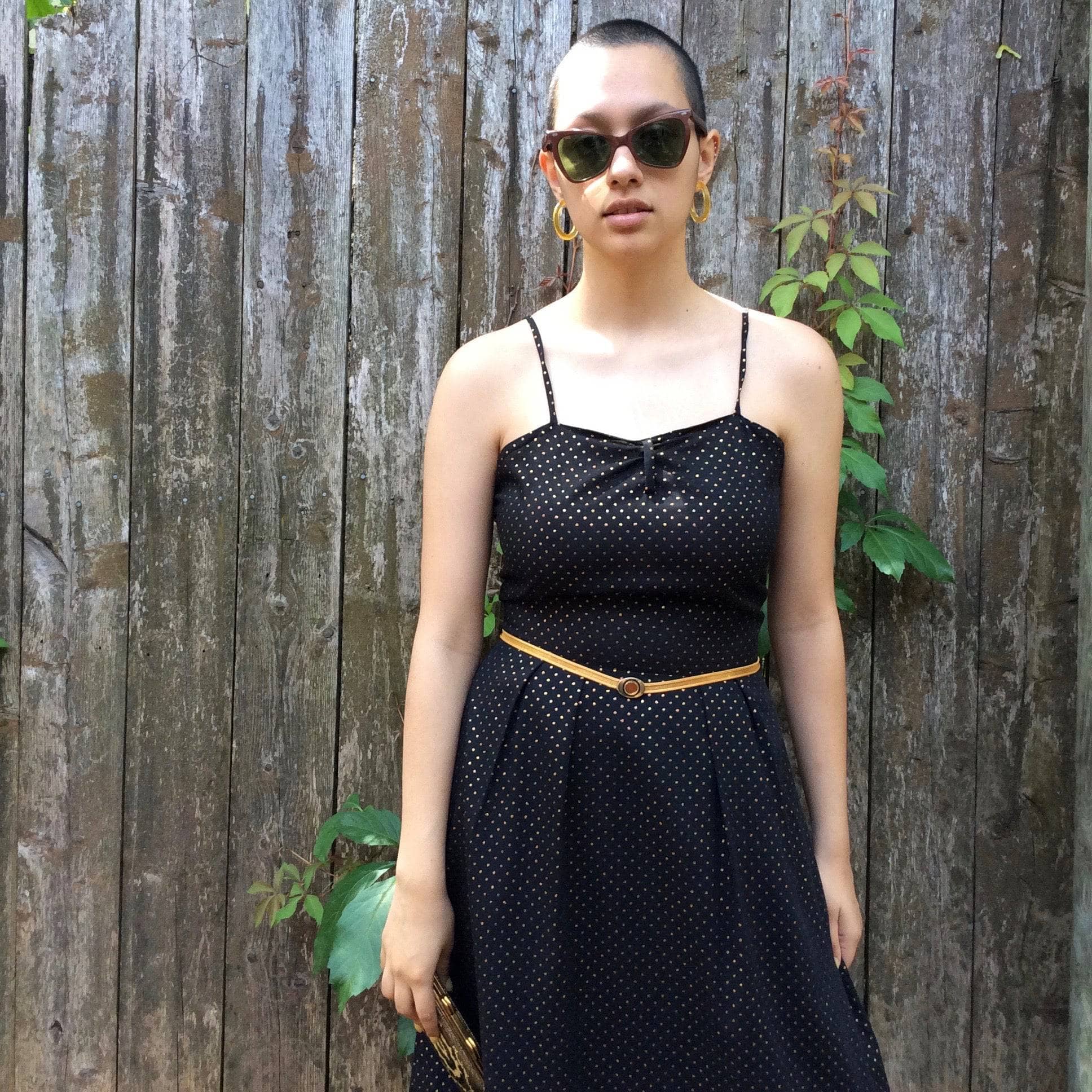 90s Metallic Gold-dotted Midi Dress sold by bohemevintage.com