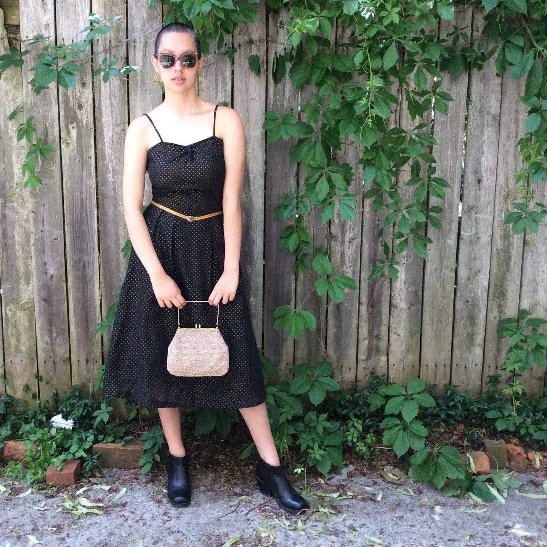 90s Metallic Gold-dotted Midi Dress sold by bohemevintage.com