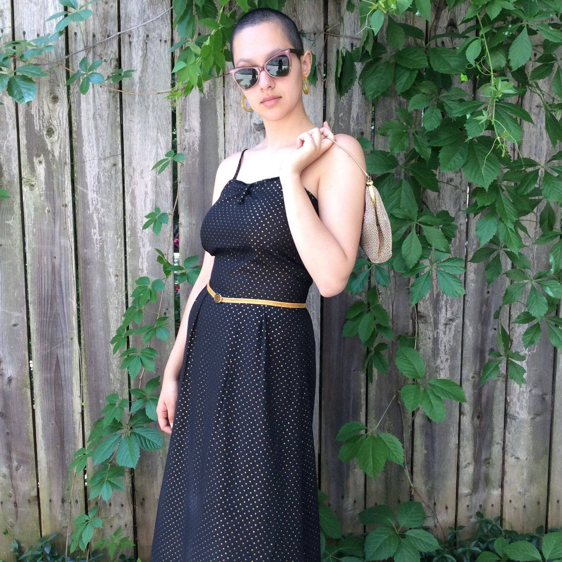 90s Metallic Gold-dotted Midi Dress sold by bohemevintage.com
