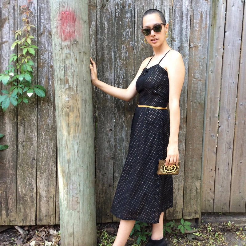 90s Metallic Gold-dotted Midi Dress sold by bohemevintage.com