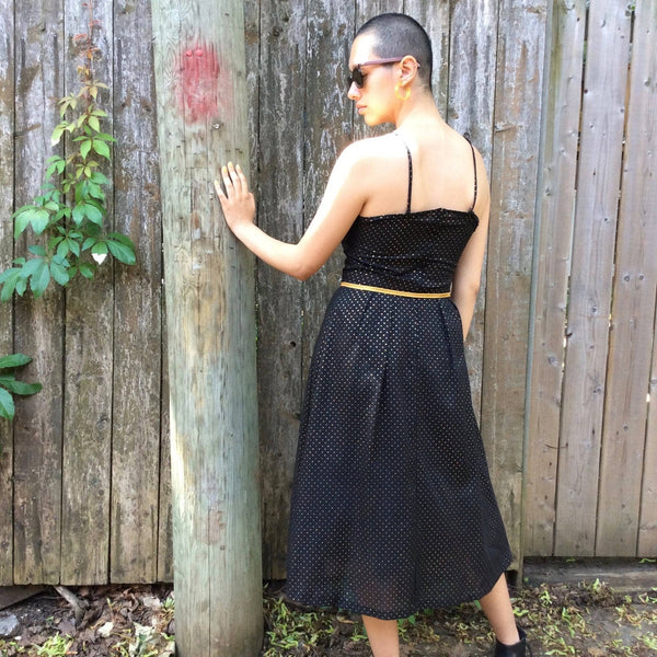 Back view of 90s Metallic Gold-dotted Midi Dress sold by bohemevintage.com