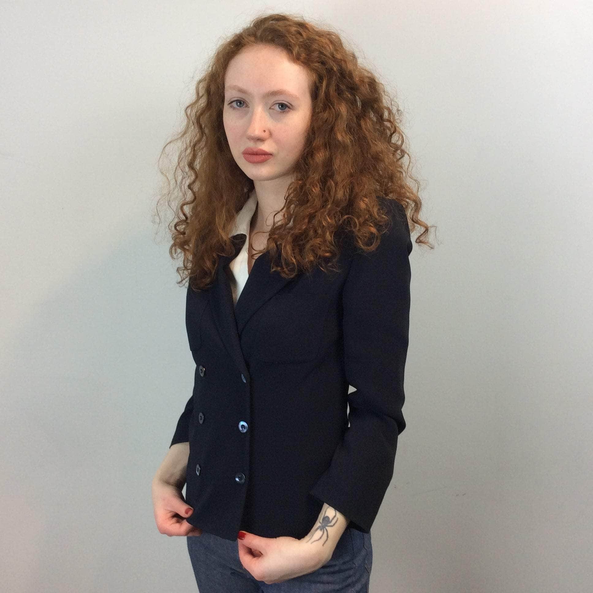 Front view of Cacharel Navy Double Breasted Blazer Size Small sold at bohemevintage.com Montreal