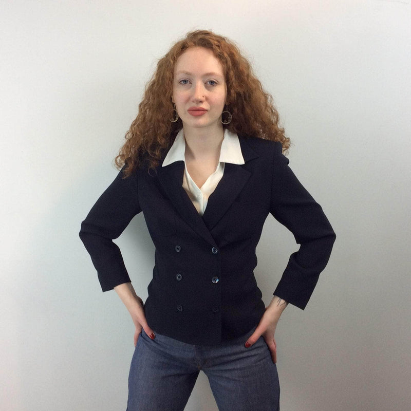 Front view of Cacharel Navy Double Breasted Blazer Size Small sold at bohemevintage.com Montreal