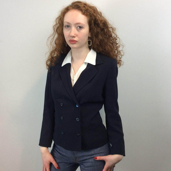 Front view of  Cacharel Navy Double Breasted Blazer Size Small sold at bohemevintage.com Montreal