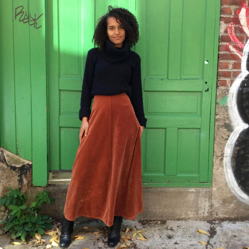 Front view of 1970s Brick Colour Maxi Velvet Skirt Small sold at bohemevintage.com Montreal