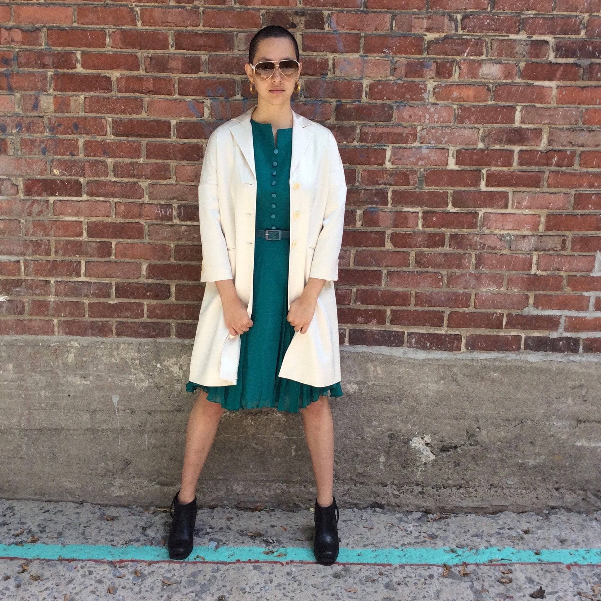 BCBG Maxazria Knee-Length Satin Evening Coat Size Small combined with a 1960s Teal Chiffon Cocktail Dress sold by bohemevintage.com Montreal