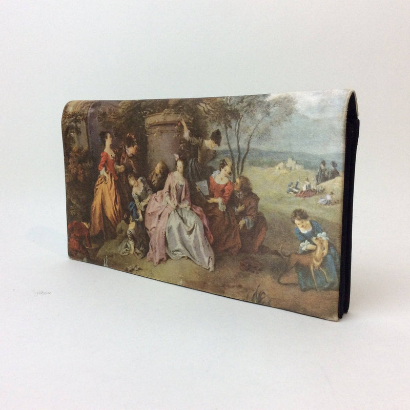 Black Satin Evening Clutch with Outdoor Royal Court Scene. Sold by bohemevintage.com