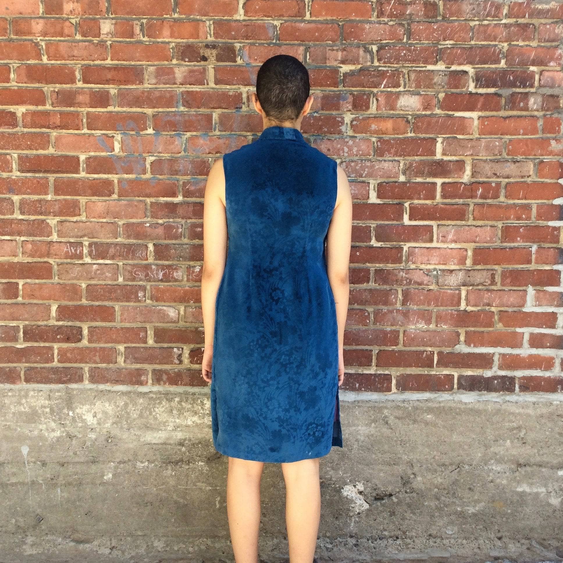 Back view of Blue Velvet Knee-length Cheongsam Dress Size small / Medium sold at bohemevintage.com, Montreal