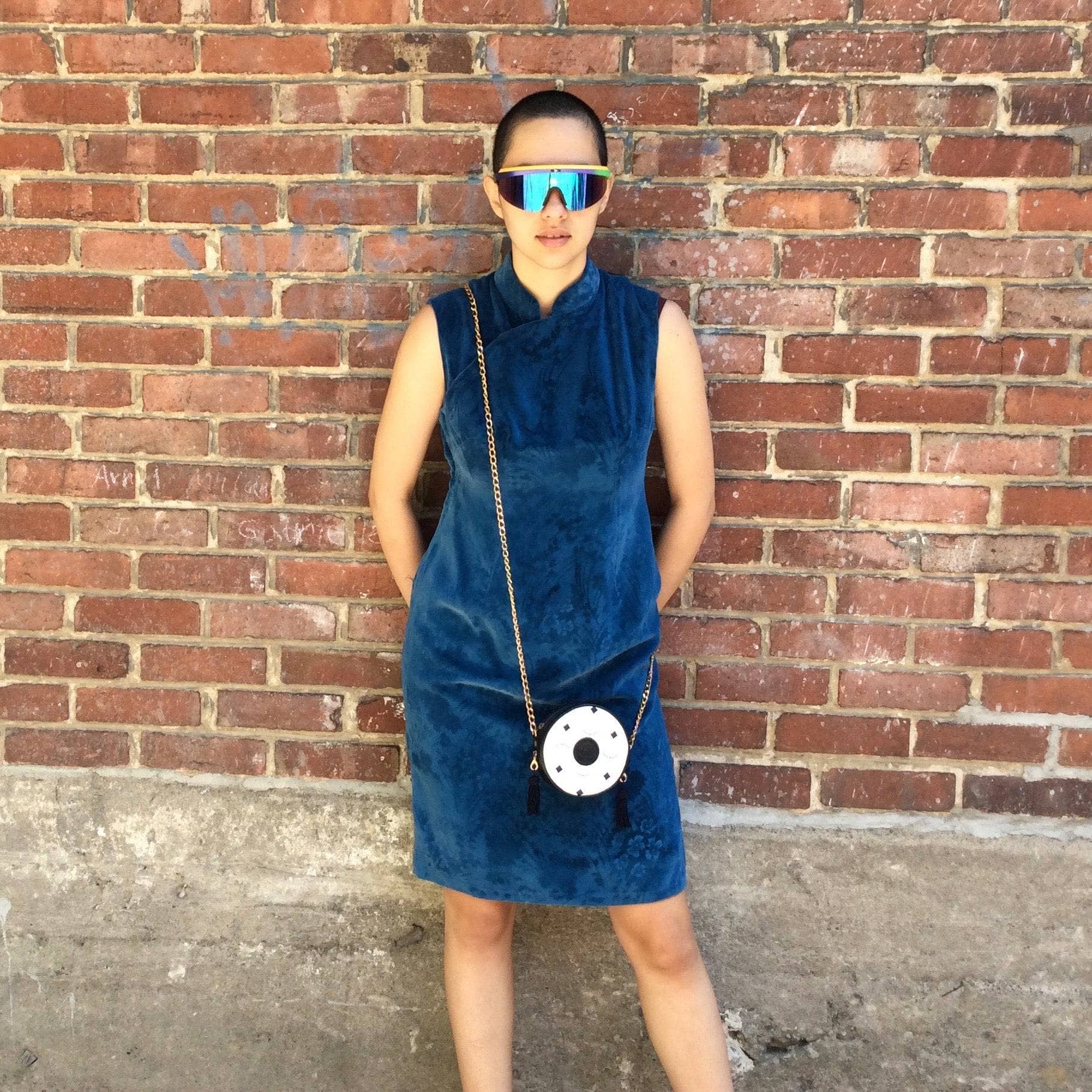 Front view of Blue Velvet Knee-length Cheongsam Dress Size small / Medium sold at bohemevintage.com, Montreal