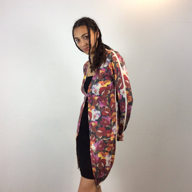 Long Floral Pansy Print, fine wool Designer Cardigan, Dolce & Gabbana size small Medium sold by bohemevintage.com Montreal
