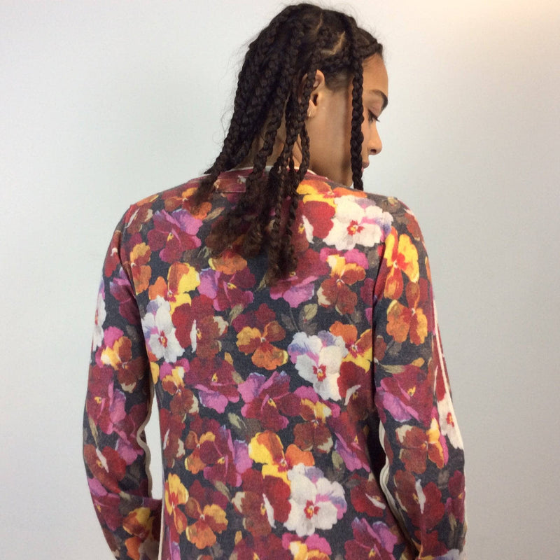 Back view of Long Floral Pansy Print, fine wool Designer Cardigan, Dolce & Gabbana size small Medium sold by bohemevintage.com Montreal