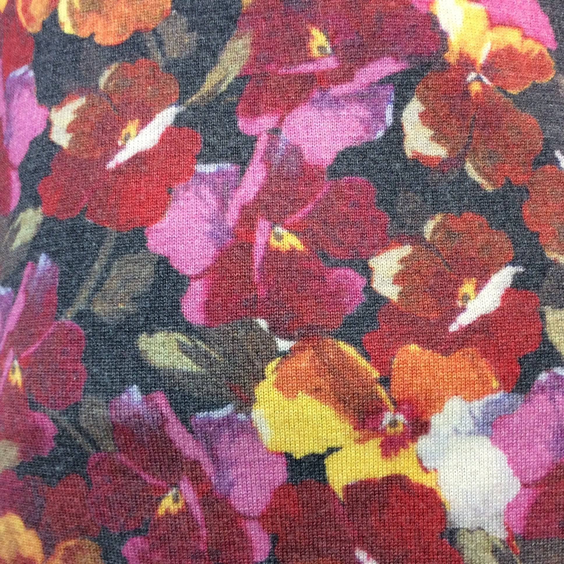 Close up view of print of Dolce & Gabbana Long Floral Pansy Print, fine wool Designer Cardigan,  size small Medium sold by bohemevintage.com Montreal
