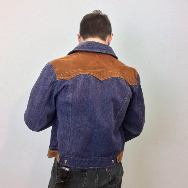 Back view of 1970s Men's Suede Yoke Jean Jacket Size Small sold by bohemevintage.com