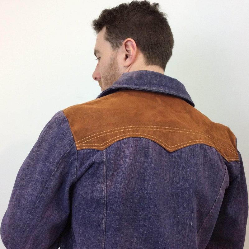 Detailed view of back yoke of 1970s Men's Suede Yoke Jean Jacket Size Small sold by bohemevintage.com