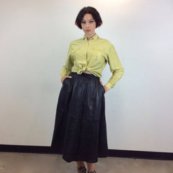 Flared Black Leather Midi Skirt Size Medium sold by bohemevintage.com
