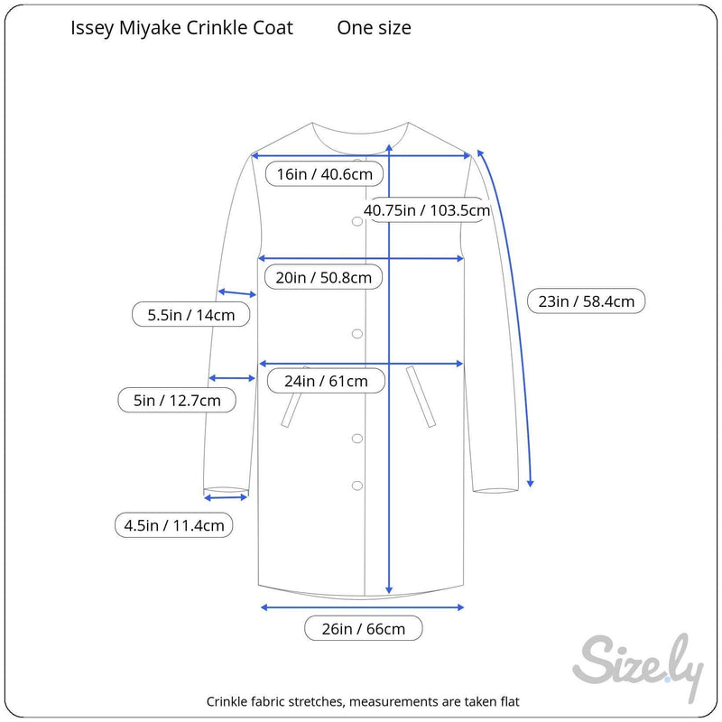 Measurements of Issey Miyake Long Asymmetrical Light-Weight Crinkle Coat, sold by bohemevintage.com Montréal