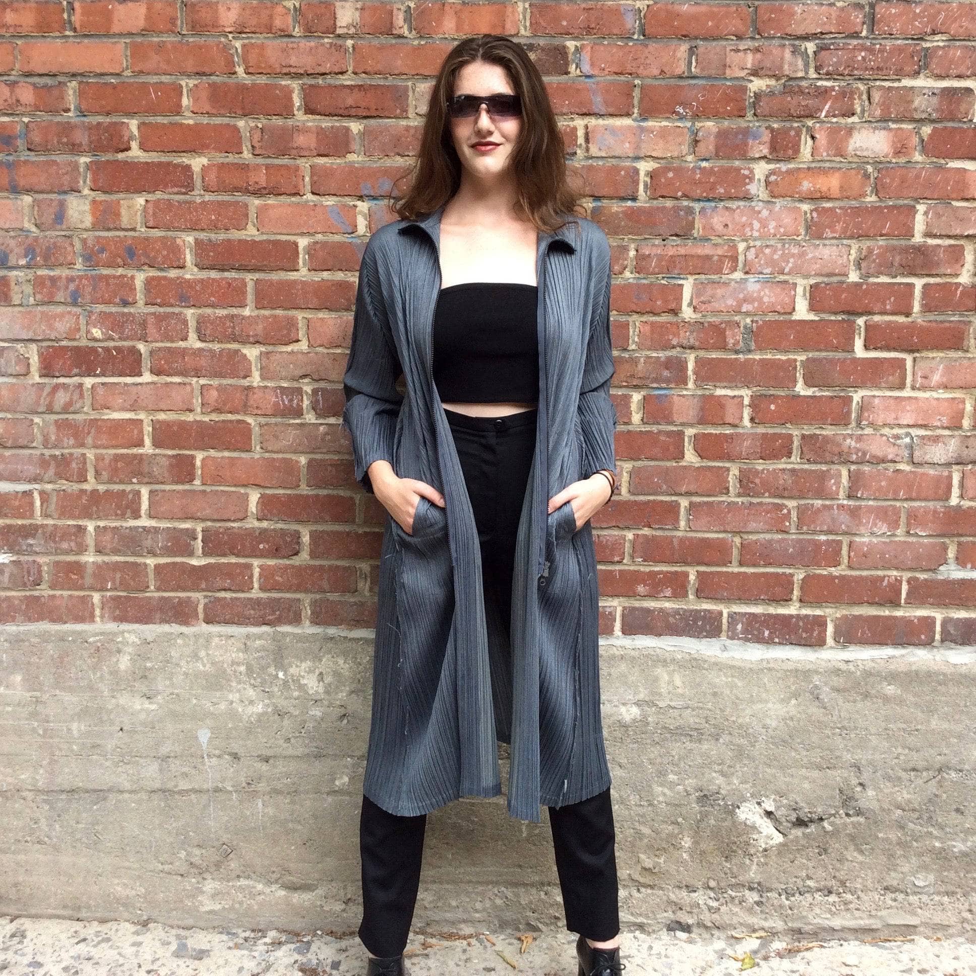 Issey Miyake Grey Crinkle Midi Coat Small/Medium