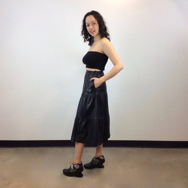 Leo Chevalier Tiered Black Leather Midi Skirt Size S/M sold by bohemevintage.com