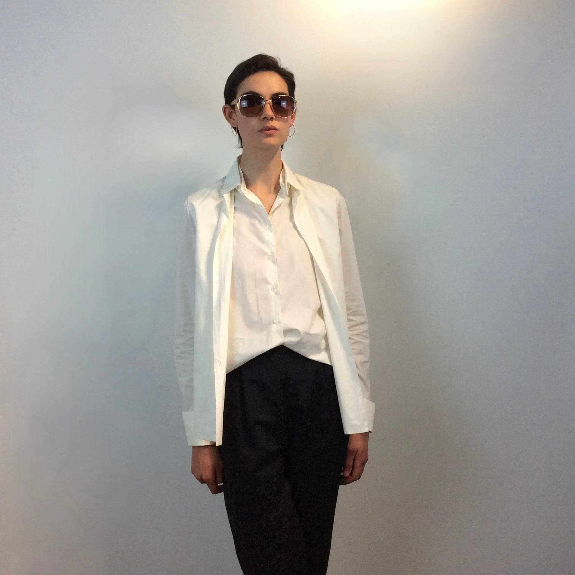 Tucked-in front of Martine Sitbon Off-White Buttoned up shirt Size Small-Medium sold by bohemevintage.com