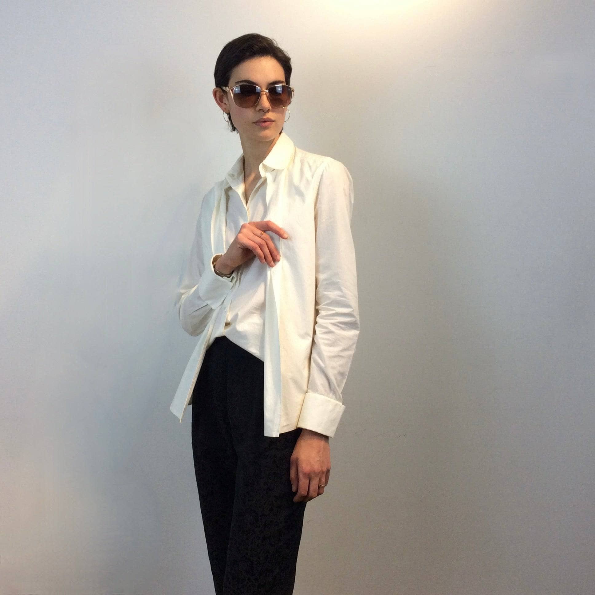 Tucked-in front of Martine Sitbon Off-White Buttoned up shirt Size Small-Medium sold by bohemevintage.com