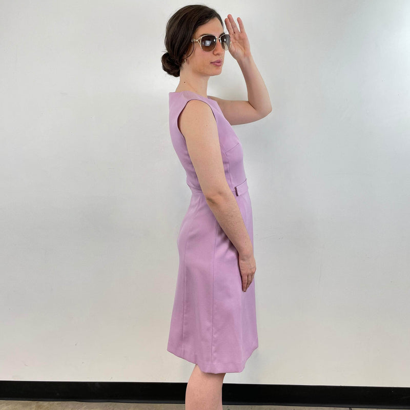 Side view of Mauve Wool Jersey Sleeveless Cocktail Dress Size small sold at bohemevintage.com Montreal