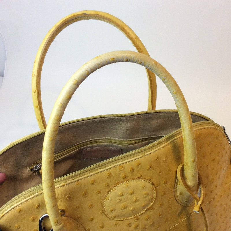 Ostrich Print Yellow Leather Carryall | Maxima (top and handles detail)