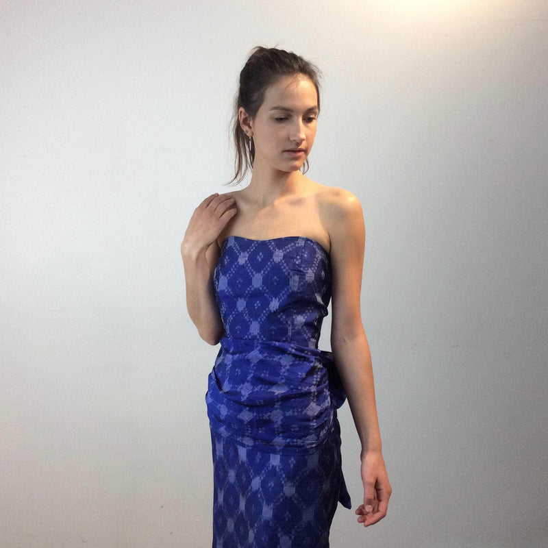 Midnight Blue Strapless Ikat Silk Midi Dress Size Extra Small Sold by bohemevintage.com Montreal
