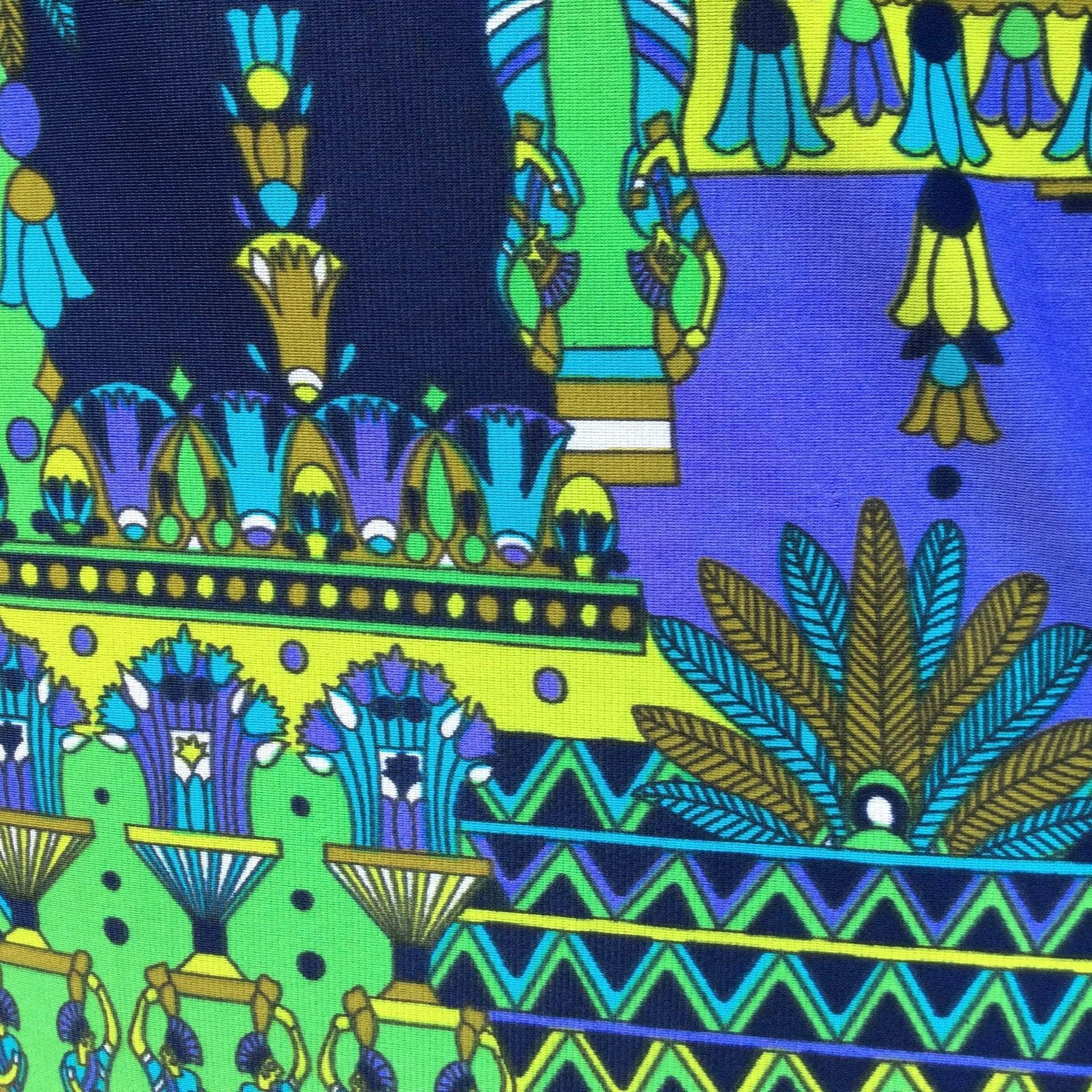 Bold print detail of 1970s "Slix Regd" Wrap-Around Bold Print Maxi Skirt, sold by bohemevintage.com Montréal