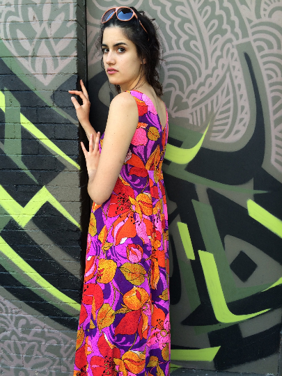 1970s Hawaiian Bold Print Cotton Maxi Dress Small
