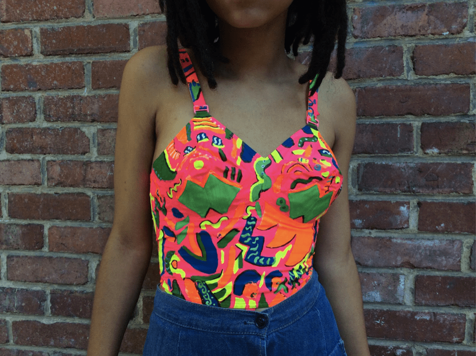 Close up  view of 1960s Upcycled Hand Painted Bustier Top 
size Small, sold at bohemevintage.com
Montréal
