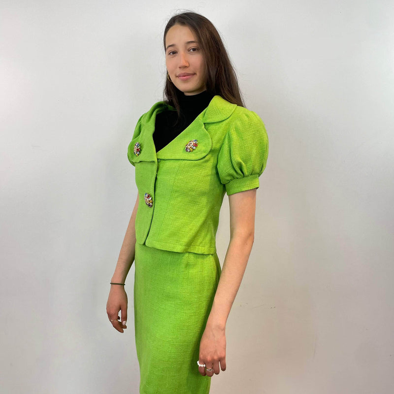 1980s Christian Lacroix Lime Blazer and Skirt Set Size Small/Medium sold by bohemevintage.com Montreal