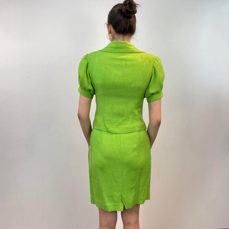 Back view of 1980s Christian Lacroix Lime Blazer and Skirt Set Size Small/Medium sold by bohemevintage.com Montreal