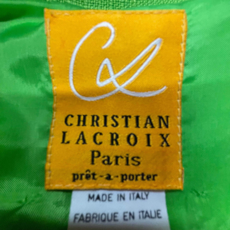 Tag of 1980s Christian Lacroix Lime Blazer and Skirt Set Size Small/Medium sold by bohemevintage.com Montreal