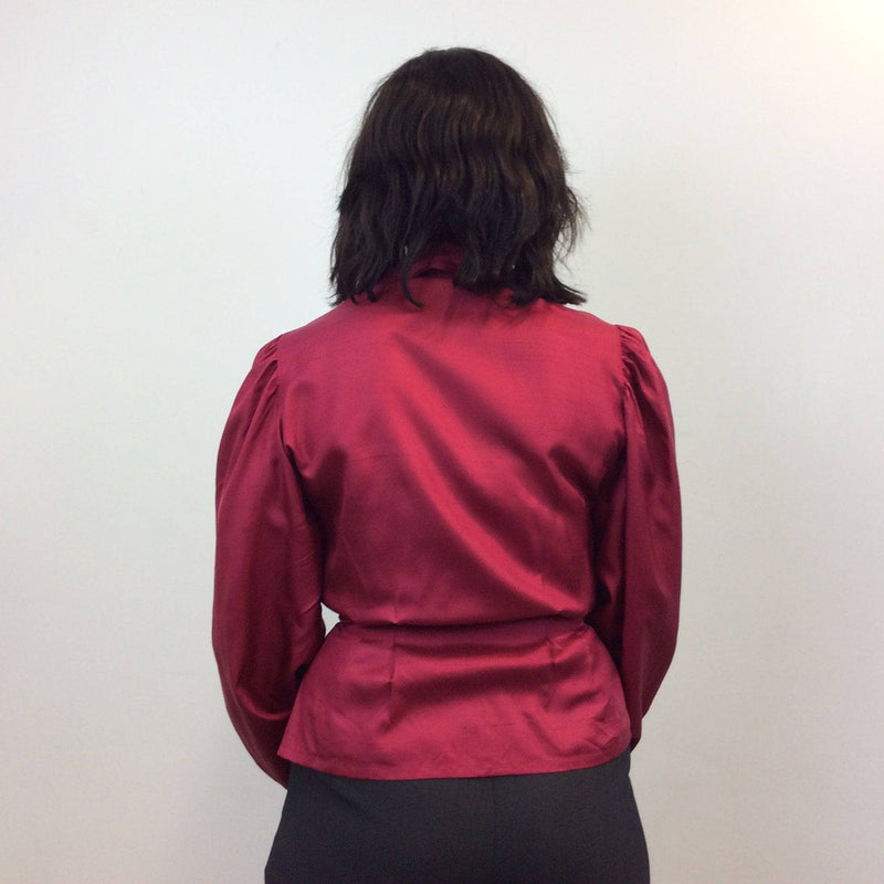  Back view of Pierre Balmain Paris Cherry Red Puffy Sleeve Silk Blouse size 42 medium sold by bohemevintage.com