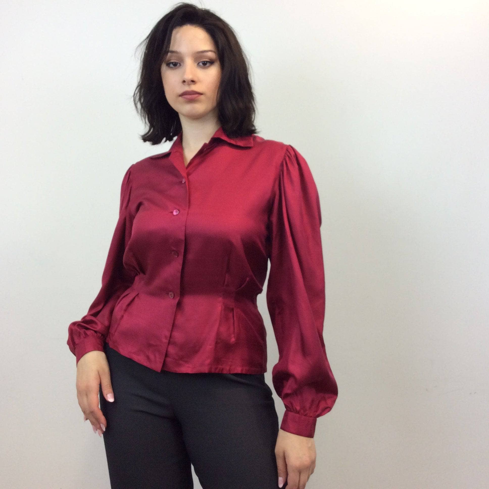 Pierre Balmain Paris Cherry Red Puffy Sleeve Silk Blouse size 42 medium sold by bohemevintage.com 