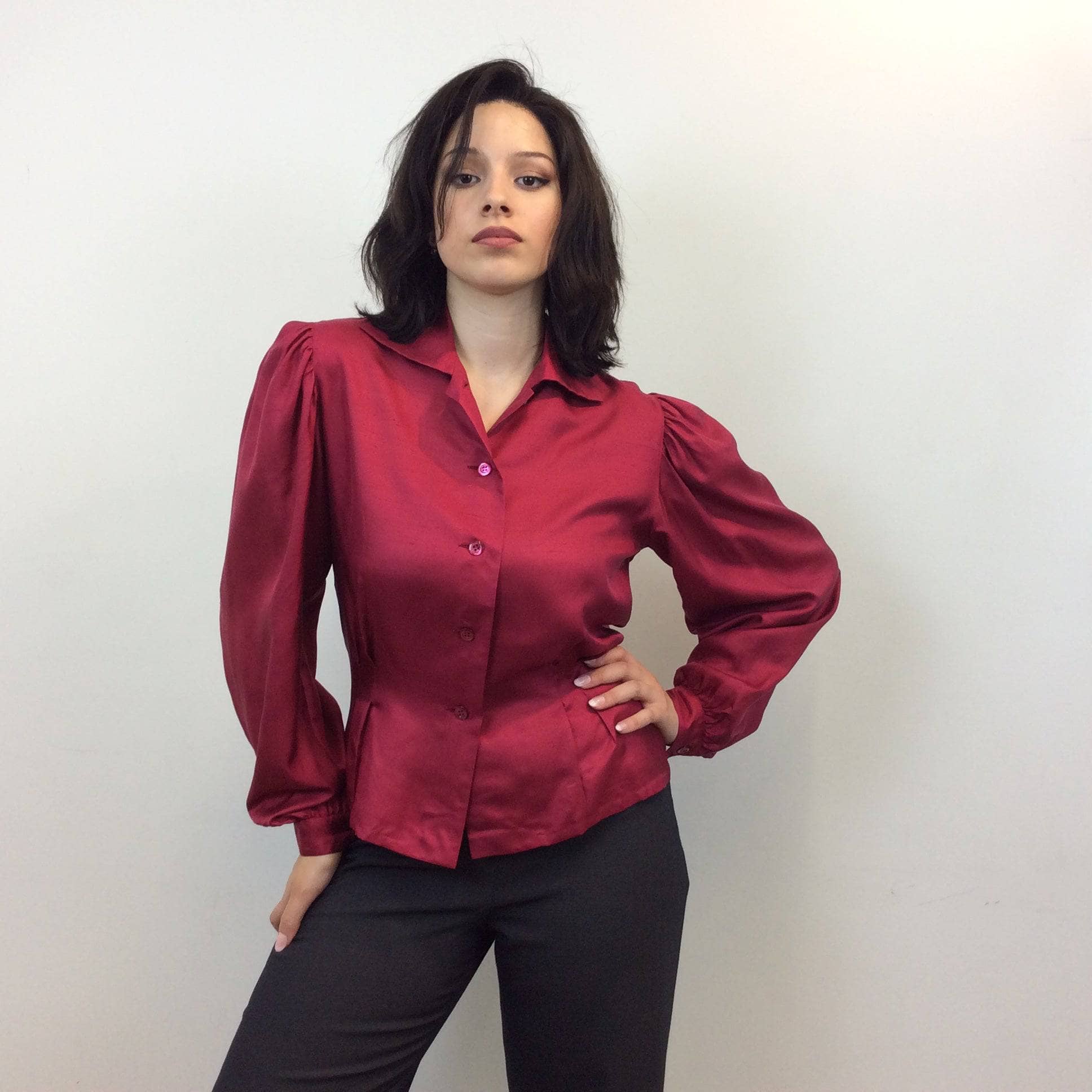 Pierre Balmain Paris Cherry Red Puffy Sleeve Silk Blouse size 42 medium sold by bohemevintage.com