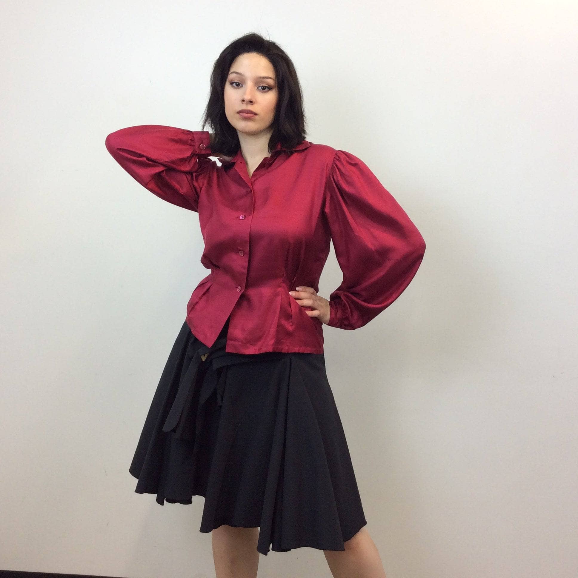  Pierre Balmain Paris Cherry Red Puffy Sleeve Silk Blouse size 42 medium sold by bohemevintage.com