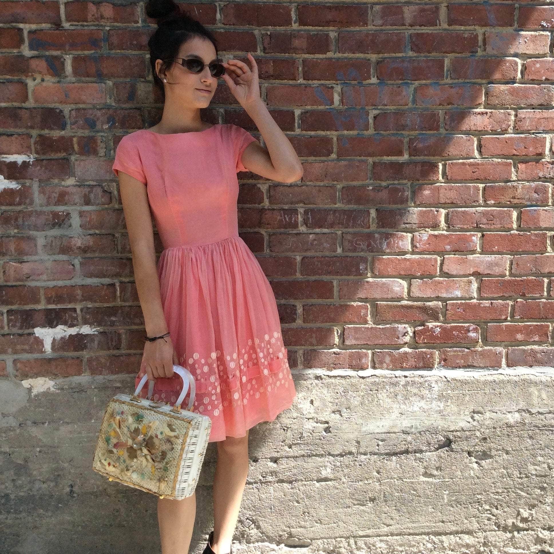 Front view of 1950s Silk Chiffon Short-Sleeve Embroidered Dress size Extra Small sold on bohemevintage.com Montreal