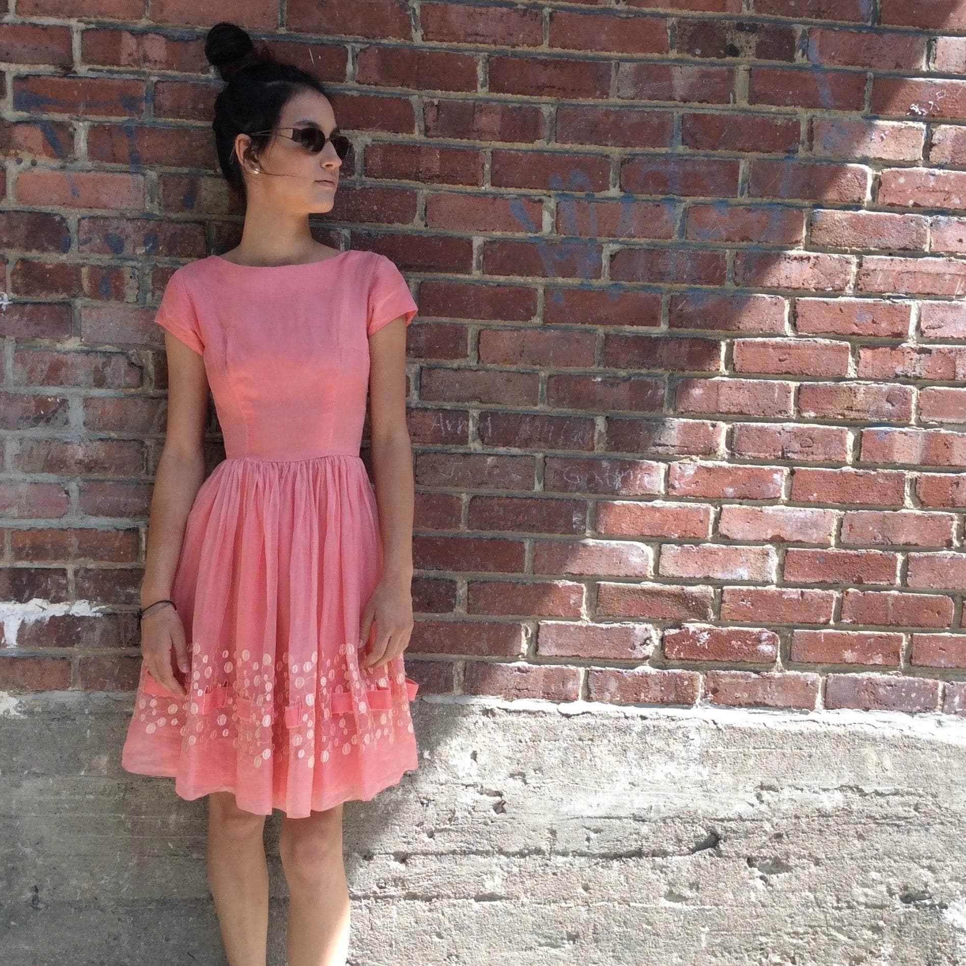 Front view of  1950s Silk Chiffon Short-Sleeve Embroidered Dress size Extra Small sold on bohemevintage.com Montreal