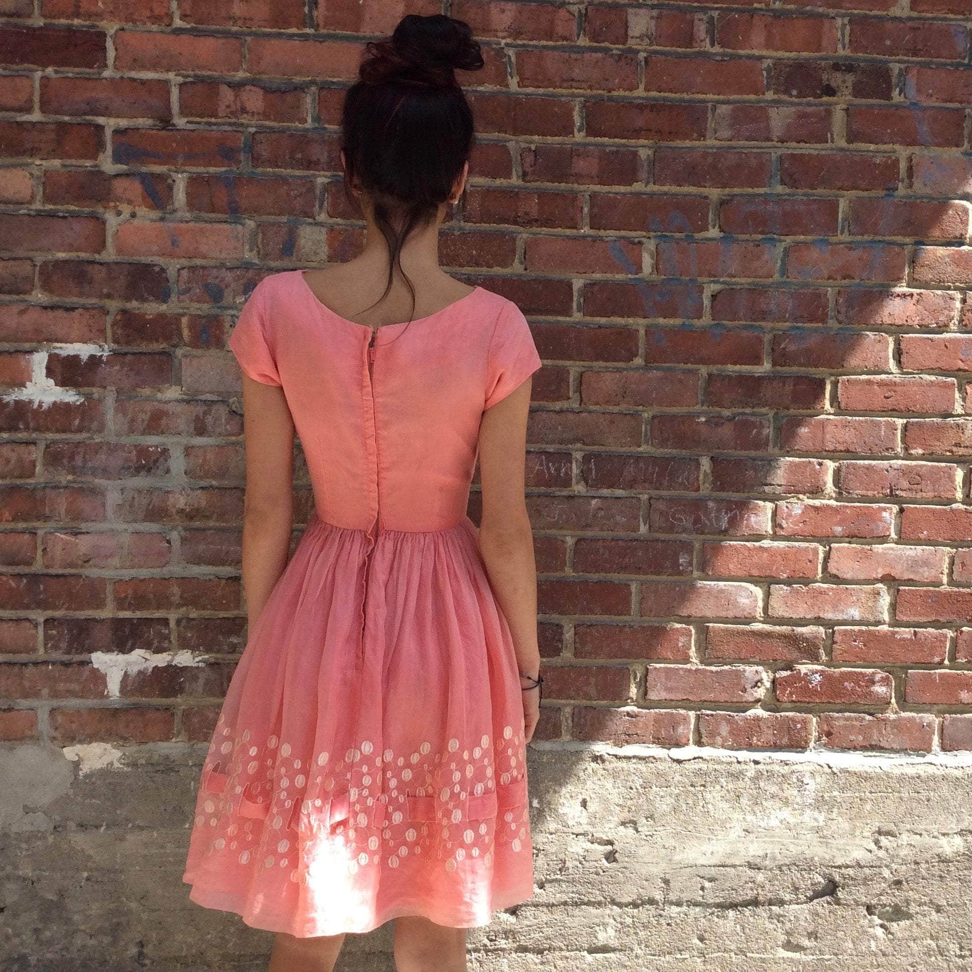 Back view of 1950s Silk Chiffon Short-Sleeve Embroidered Dress size Extra Small sold on bohemevintage.com Montreal