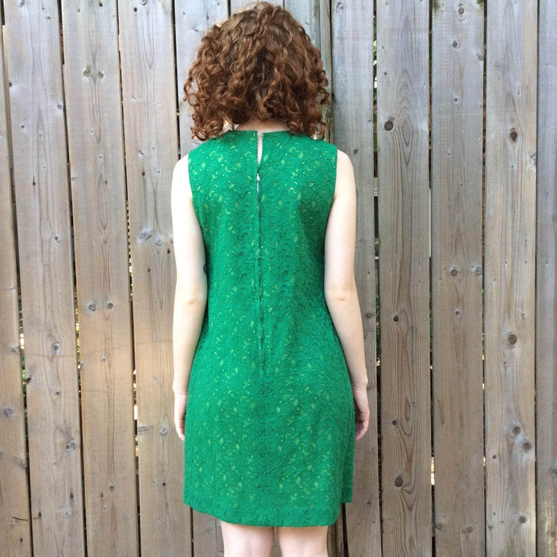 Back view of 1960s Green Lace Mini Shift Dress Size Small sold on bohemevintage.com Montreal