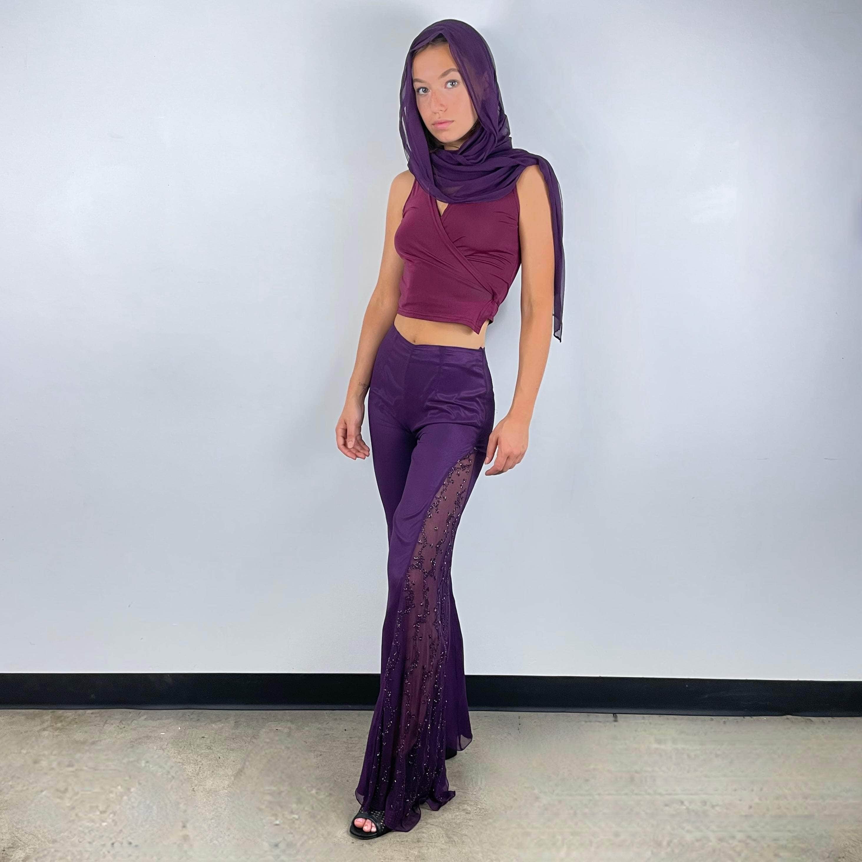 Purple Mid-Rise Flared Silk Pants Size X-Small / Small sold at bohemevintage.com Montreal