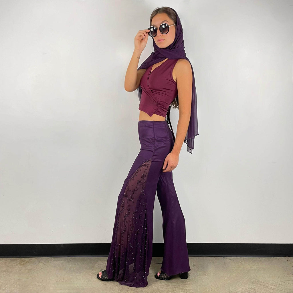 Purple Mid-Rise Flared Pants with Beading X-S / Small