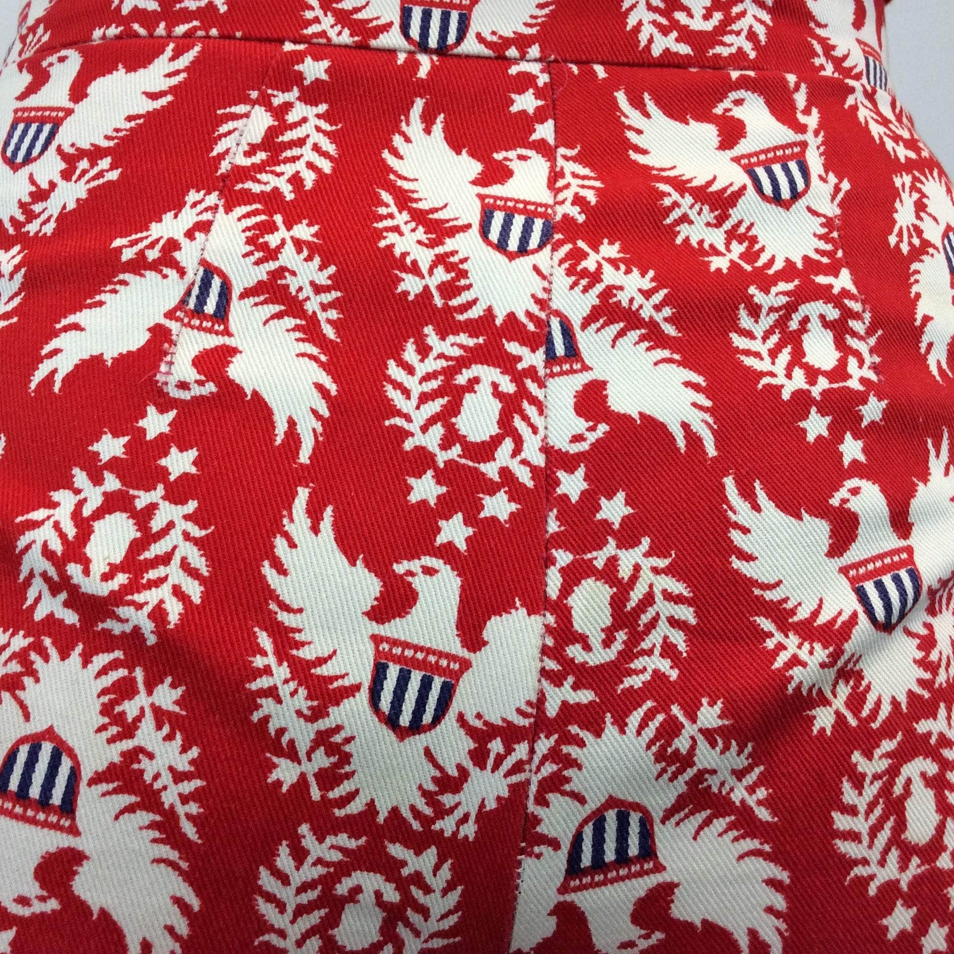 Close up print of 1970s Handmade High-Waist Wide Leg eagle print pants size small-medium sold by Boheme Vintage Montreal