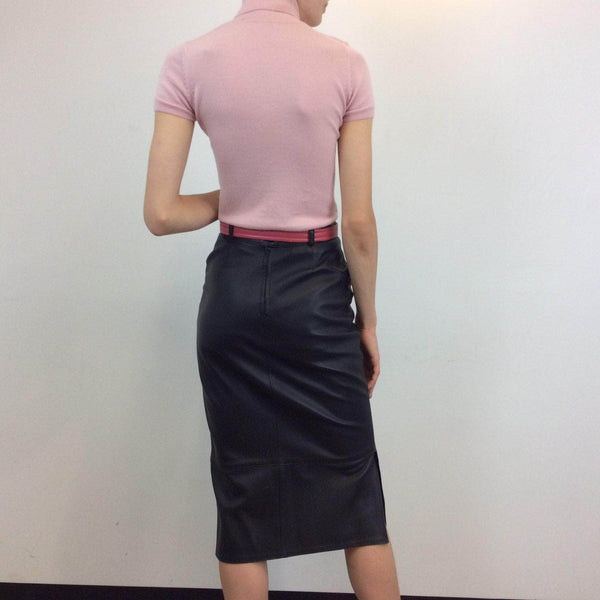 Back view of 1990s High-Waisted Straight Cut Midi Black Leather Skirt Size extra small- small sold by bohemevintge.com