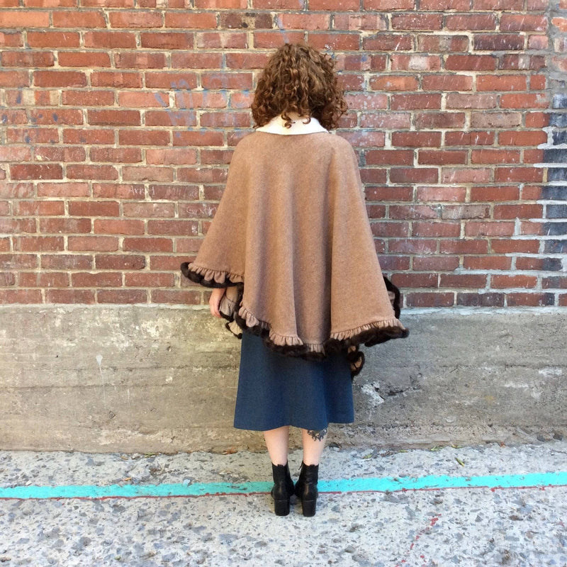 Back View of Reversible Double Knit Wool Shawl With Flounce Hem and Mink Fur Trim, sold by bohemevintage.com Montréal